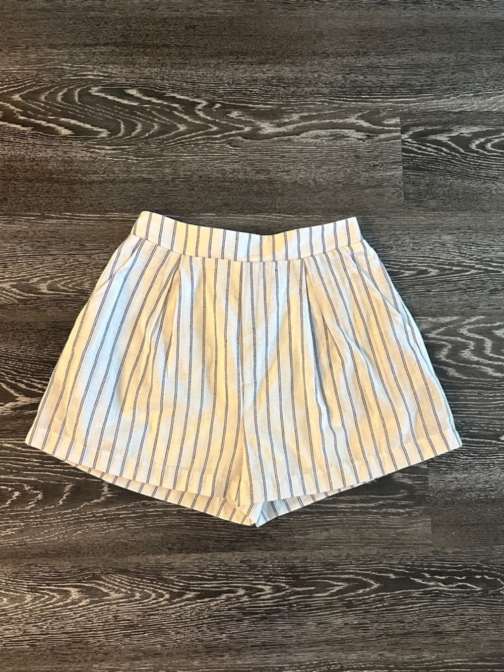 Altar'd State Cream and Blue Striped High-Waist Shorts